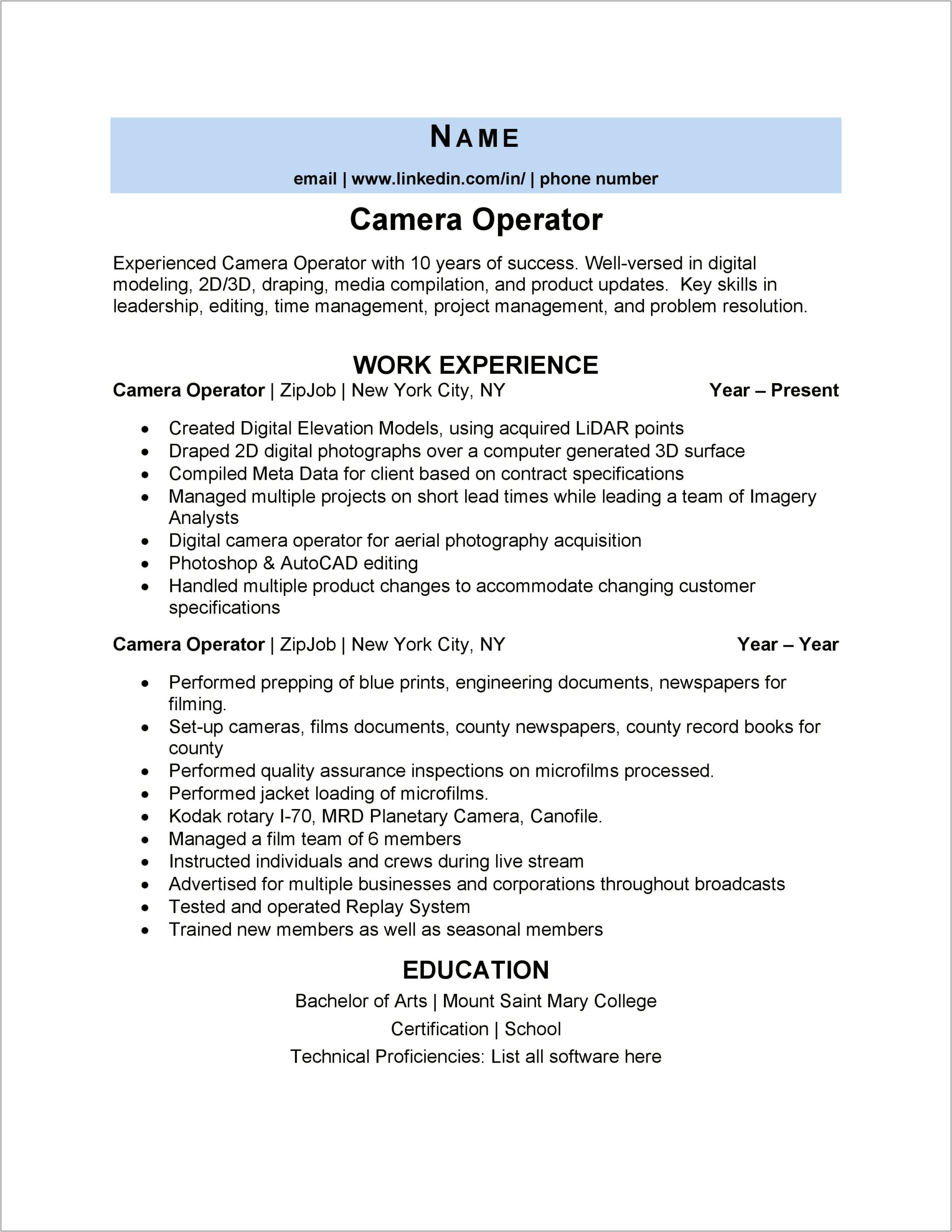 Resume Skill Examples For Photographers
