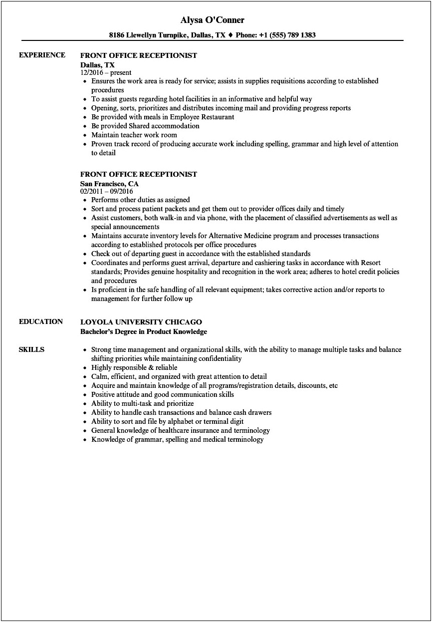 Resume Skill Examples For Receptionist