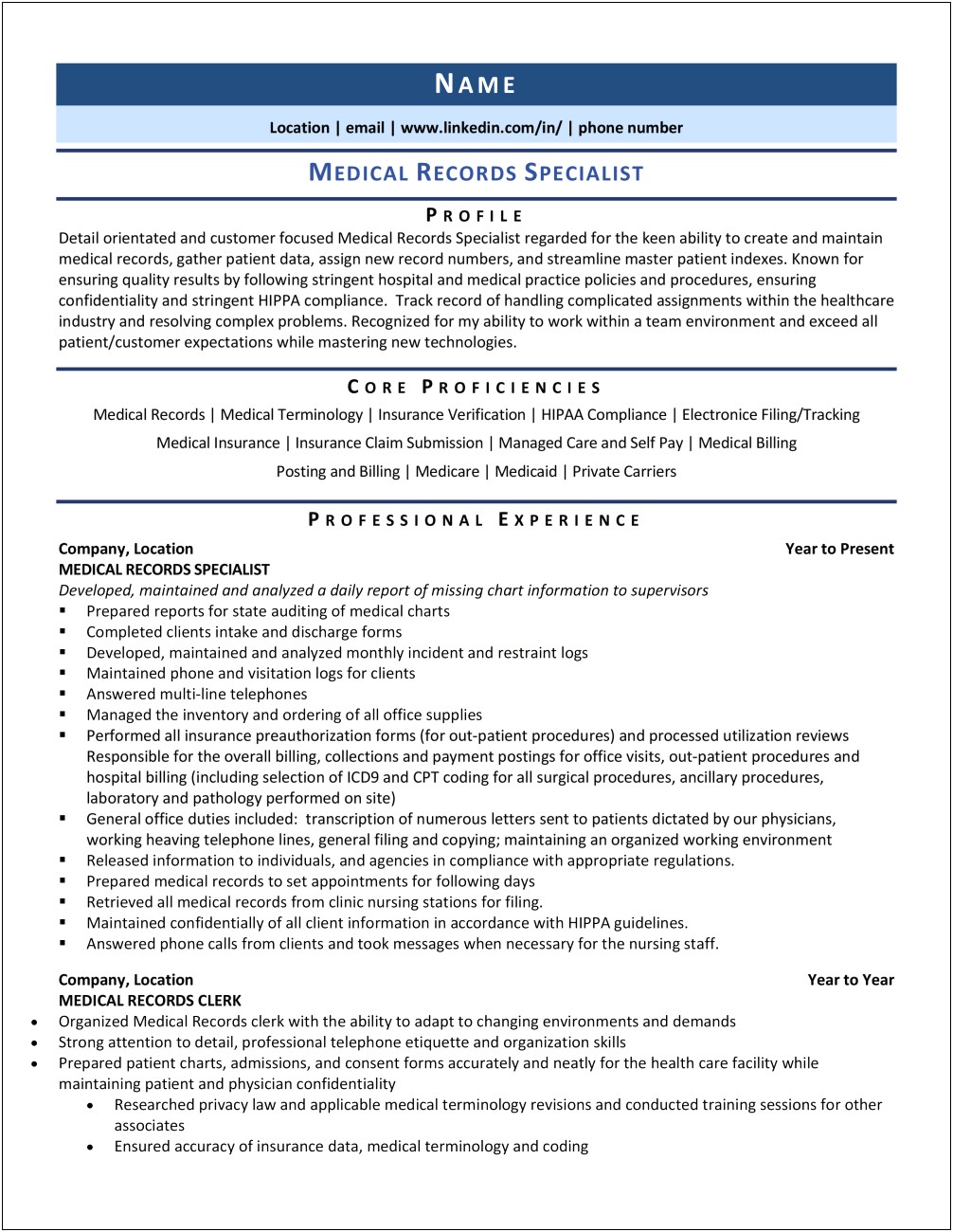 Resume Skill Utilize Epic Medical Records