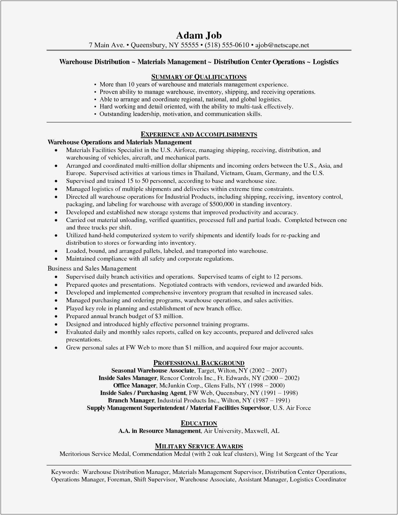 Resume Skills & Abilities Example For Warehouse