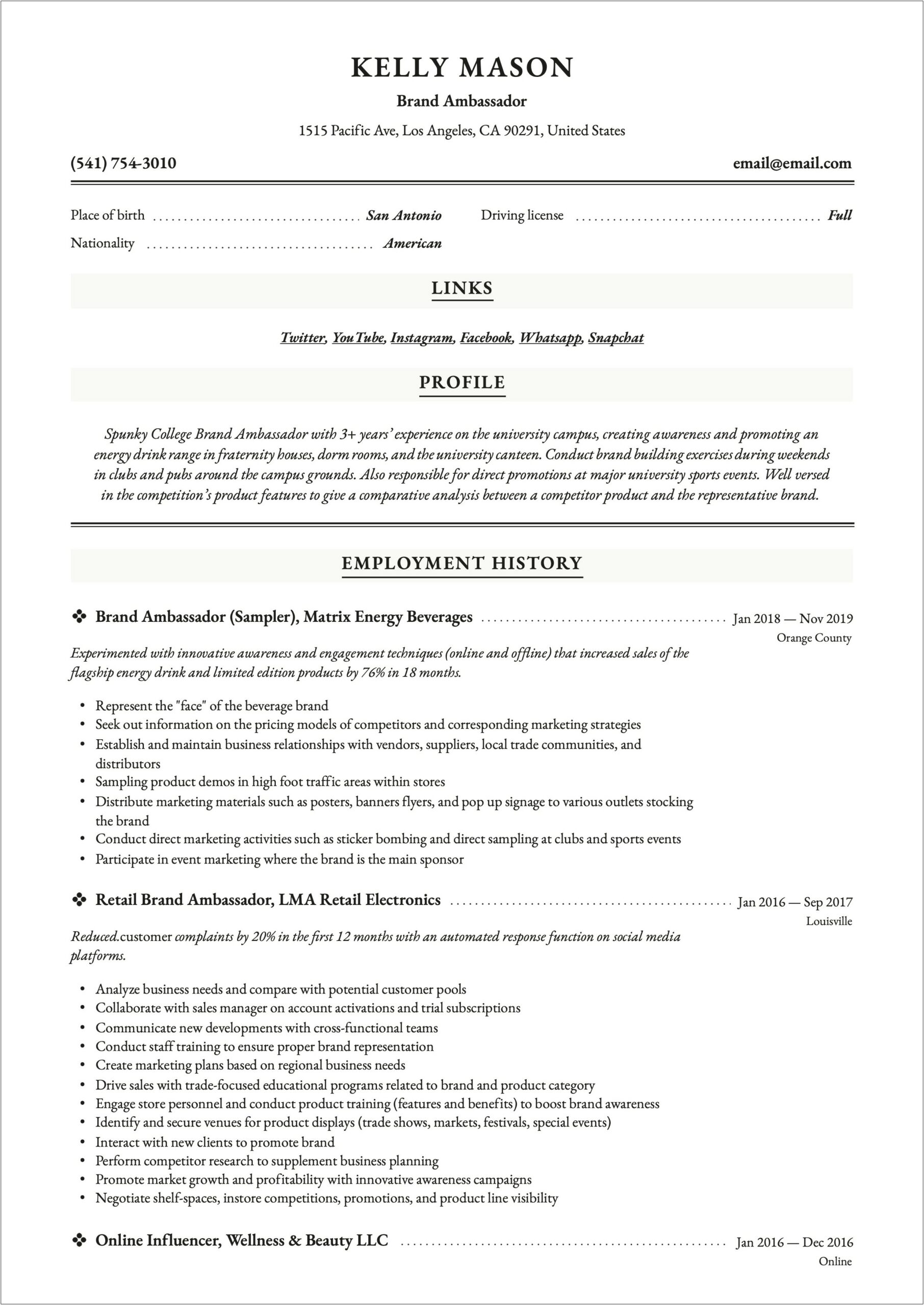 Resume Skills And Abilities For An Ambassador