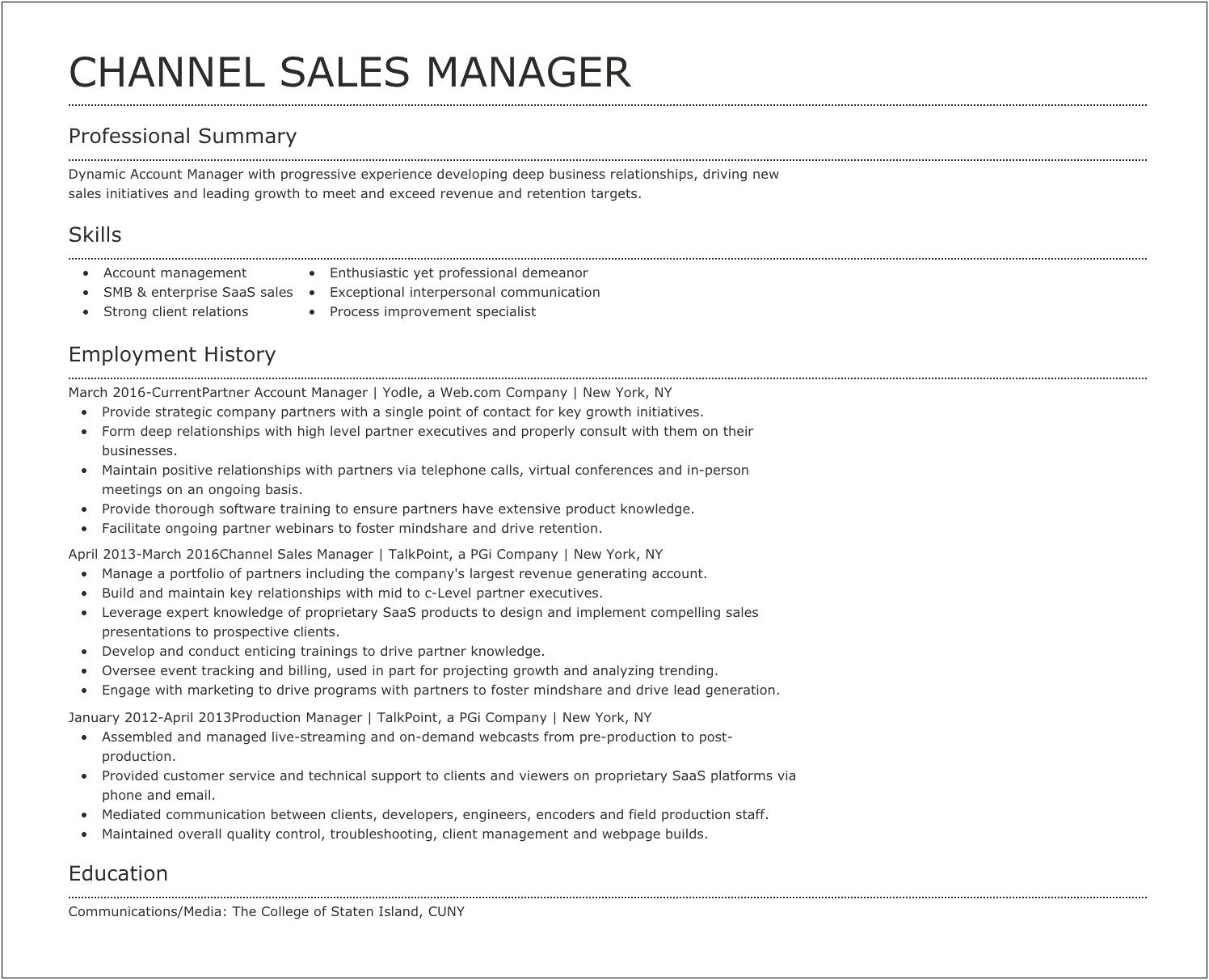 Resume Skills Based Sales Management