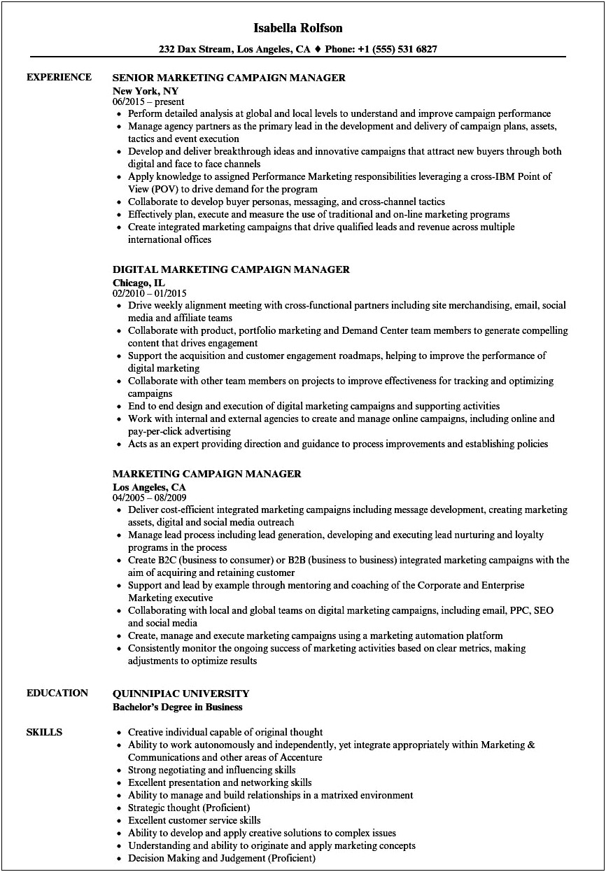 Resume Skills Campaing Manager Position