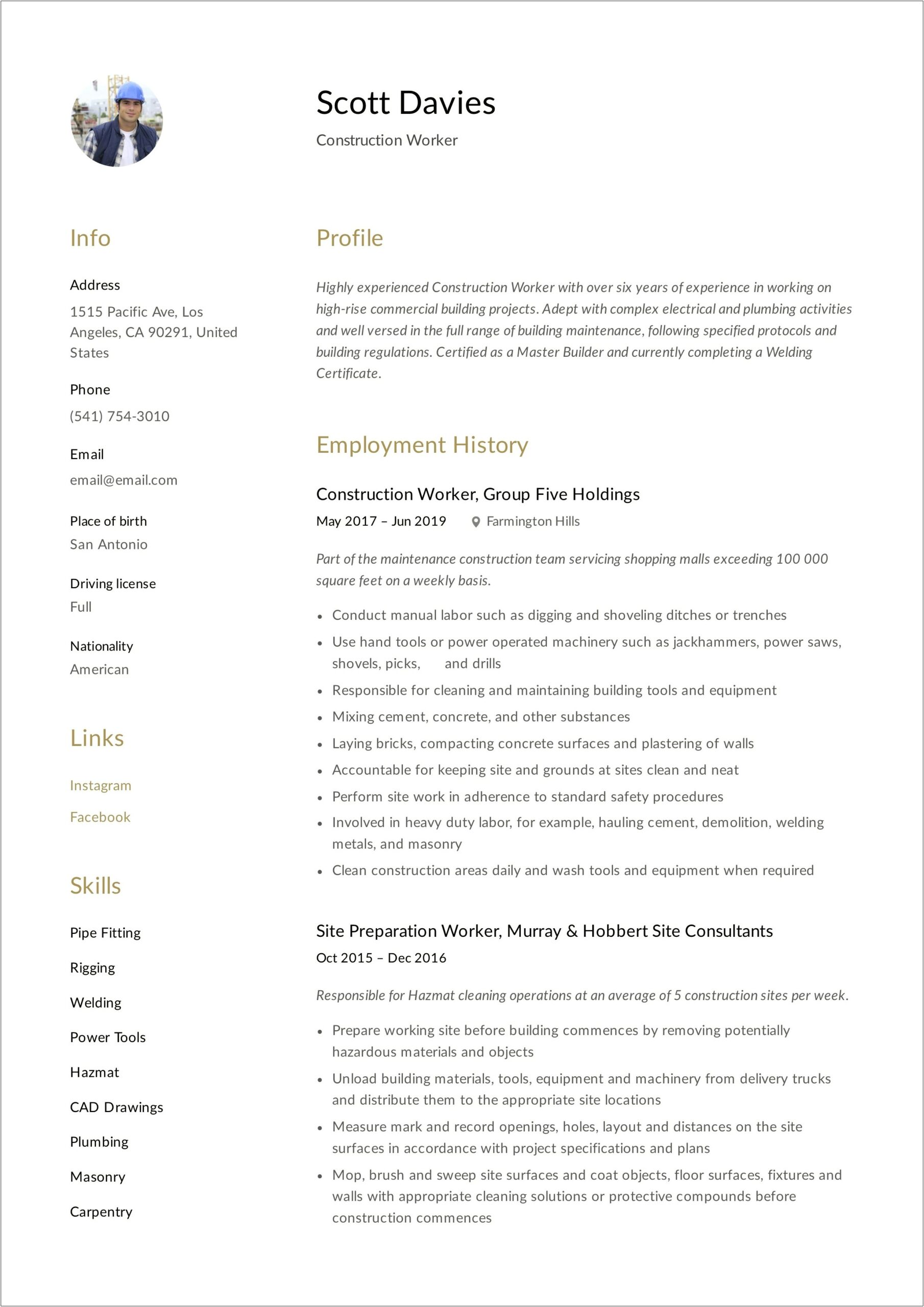 Resume Skills Examples For Construction