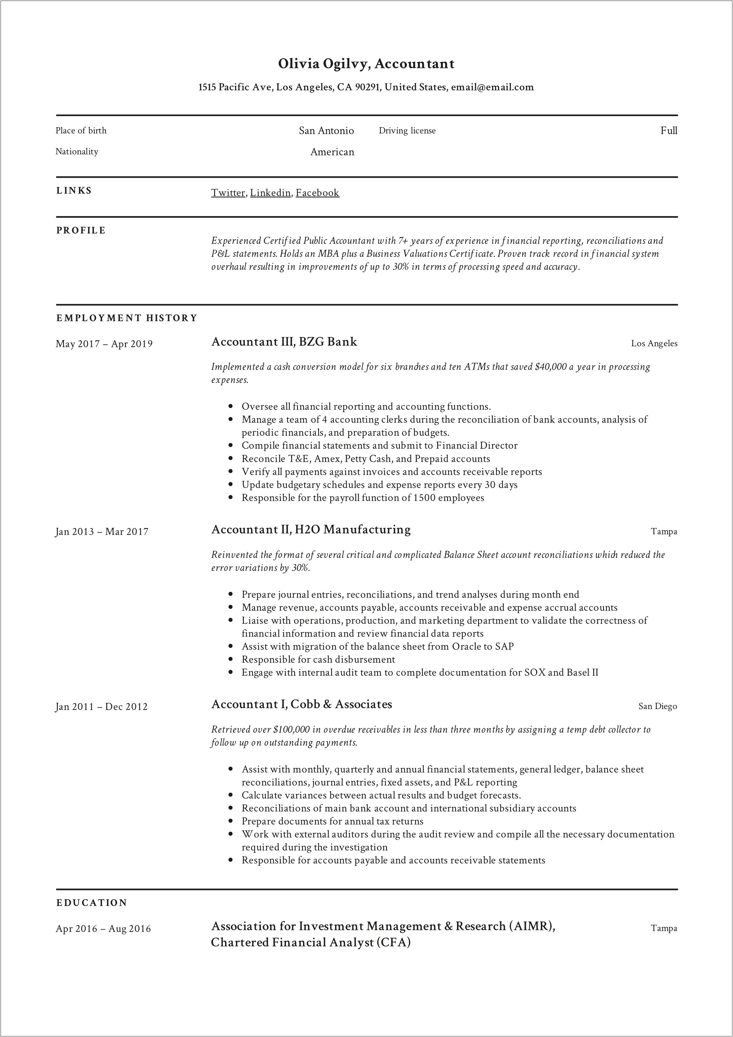 Resume Skills For A Bookkeeper