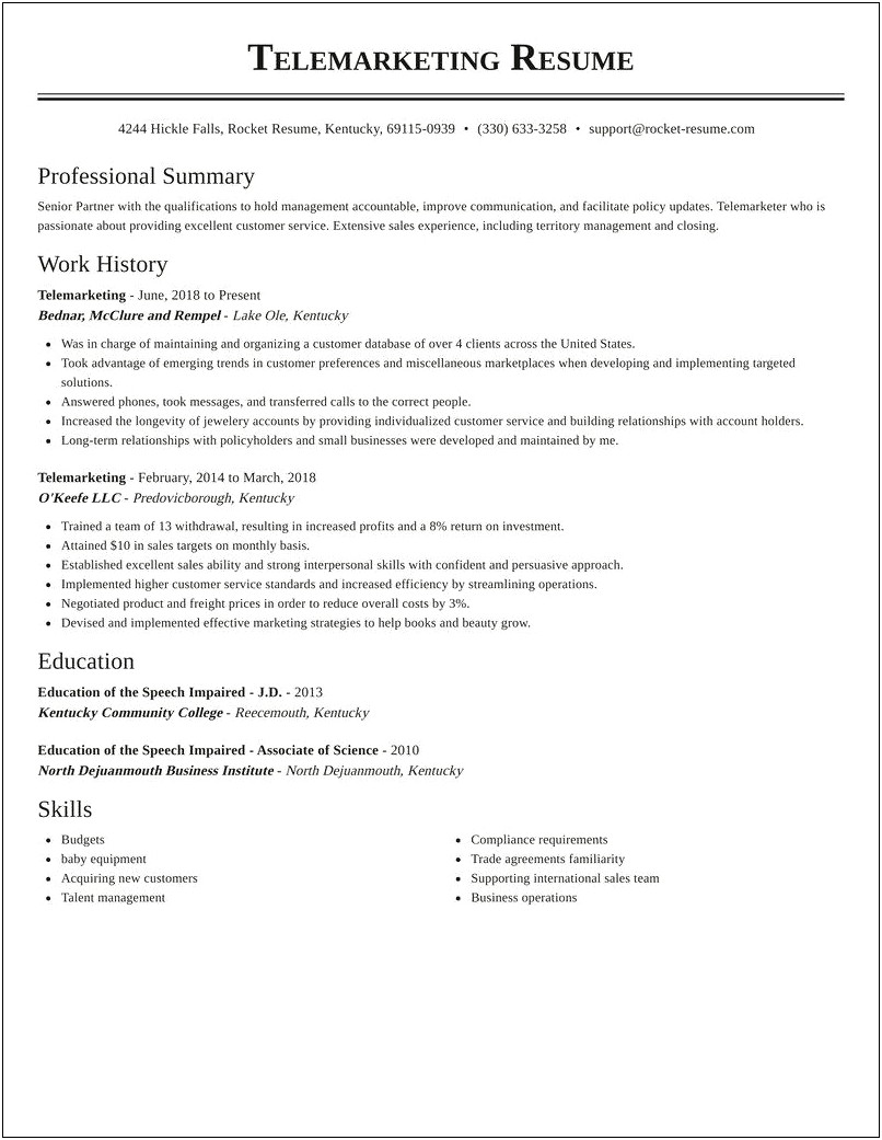 Resume Skills For A Telemarketer