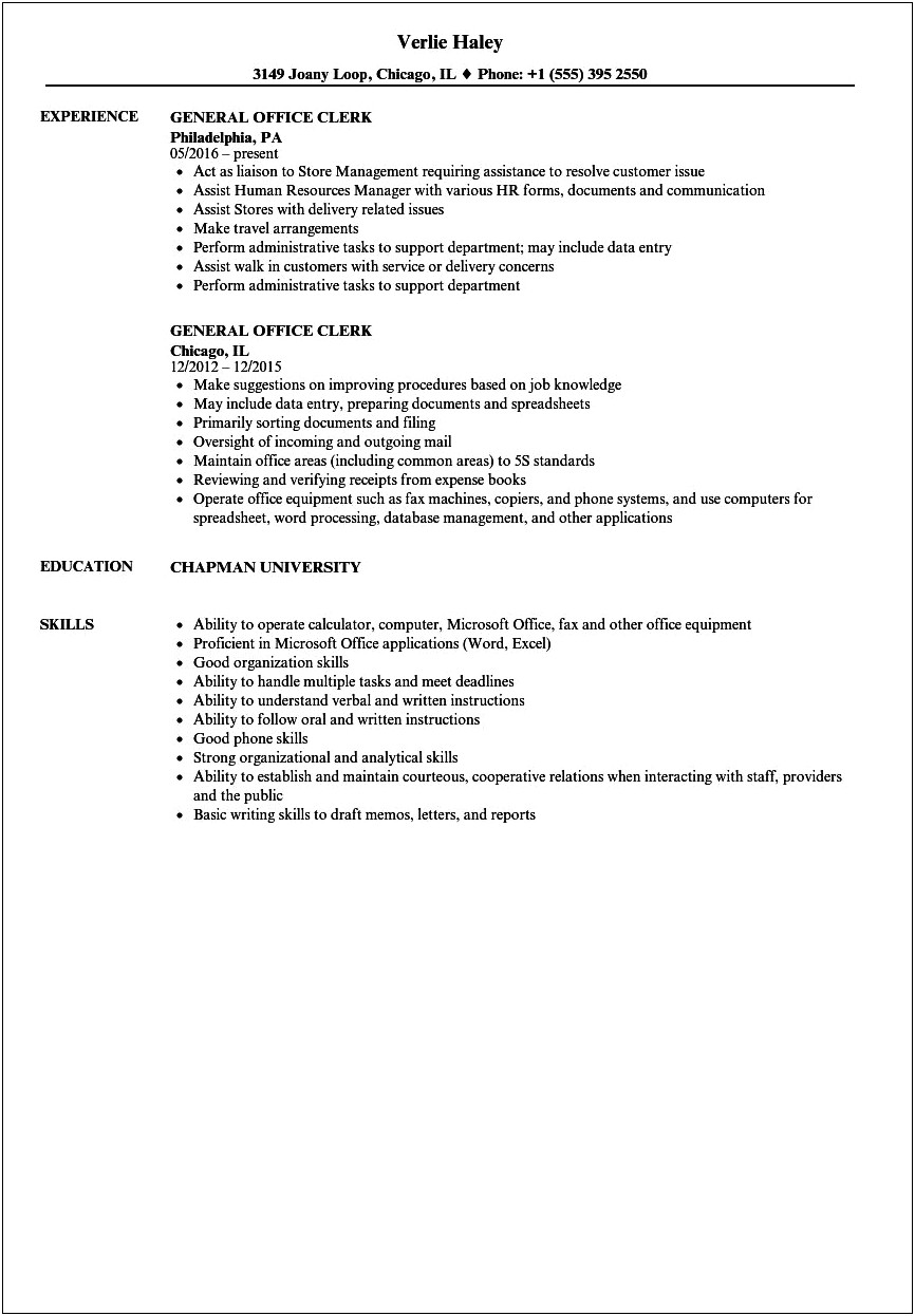 Resume Skills For Office Clerk