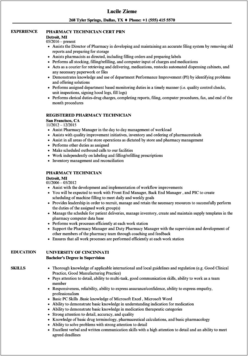Resume Skills For Pharmacy Technician