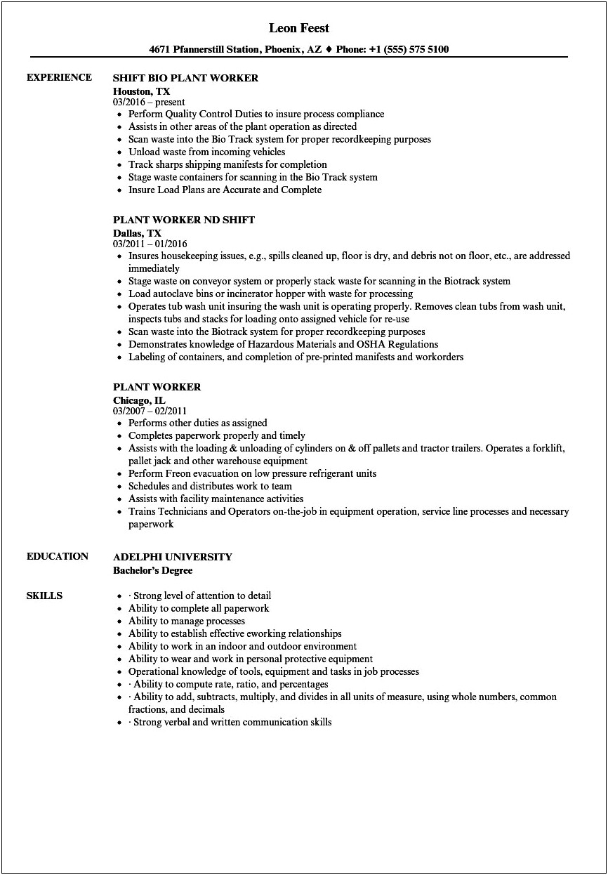 Resume Skills For Plant Workers