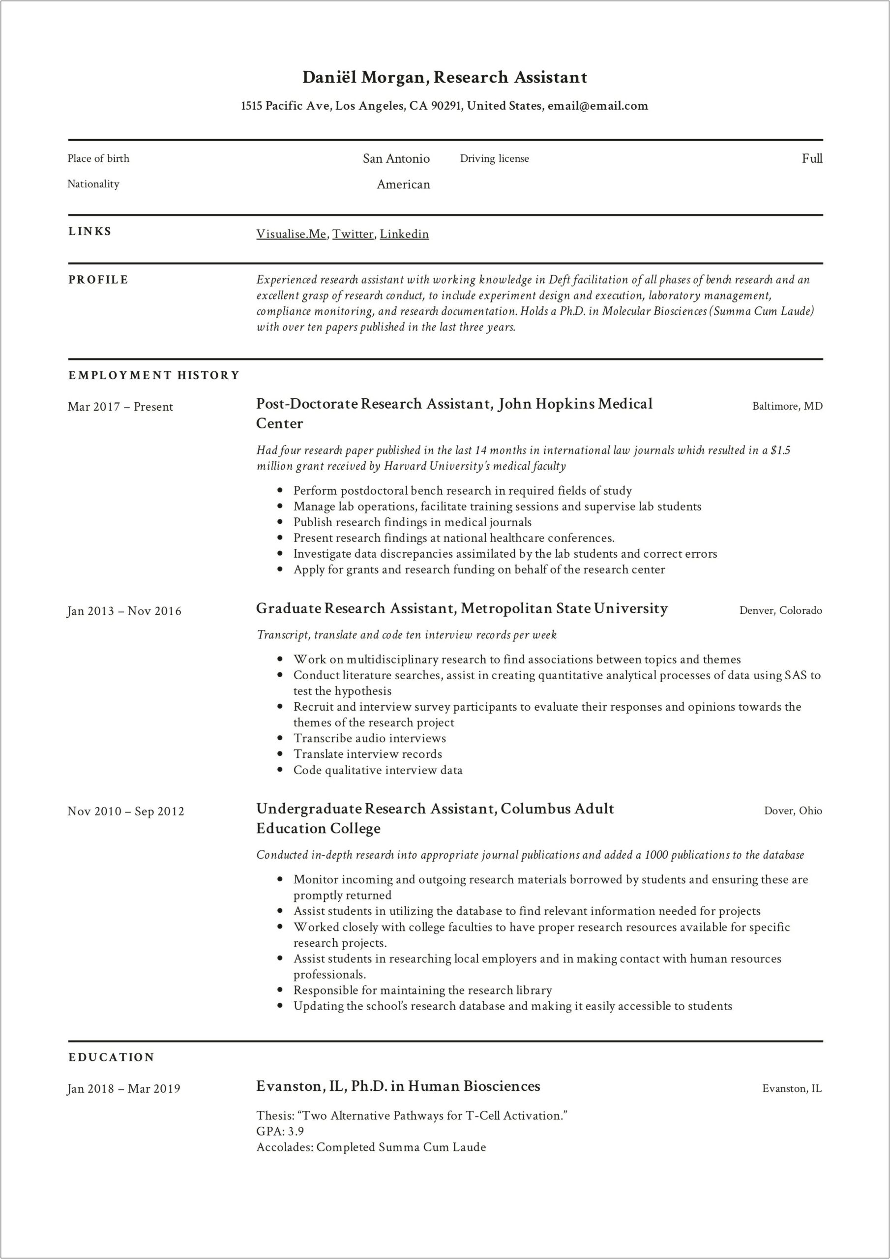 Resume Skills For Research Assistant
