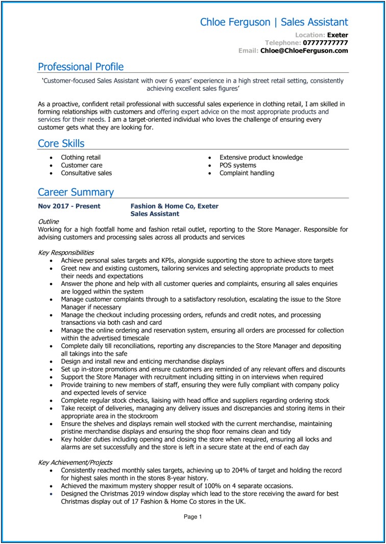 Resume Skills For Retail Assistant