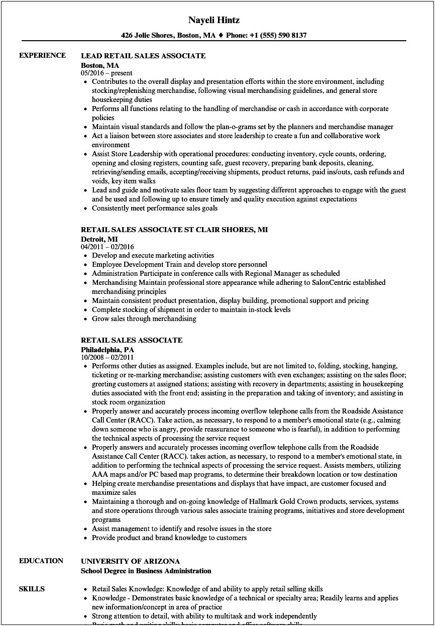 Resume Skills For Retail Position