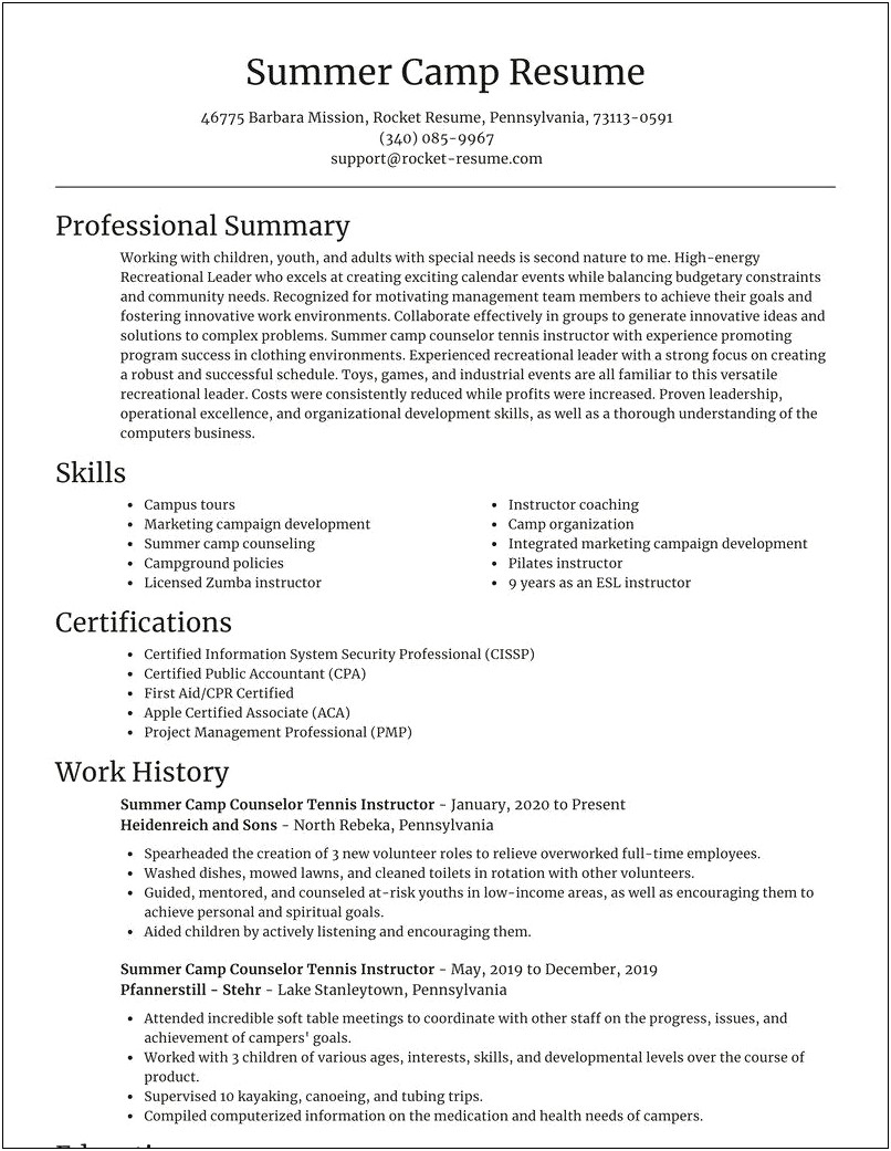 Resume Skills For Summer Camp Counsoler
