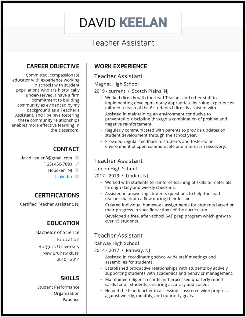 Resume Skills For Teacher Assistant