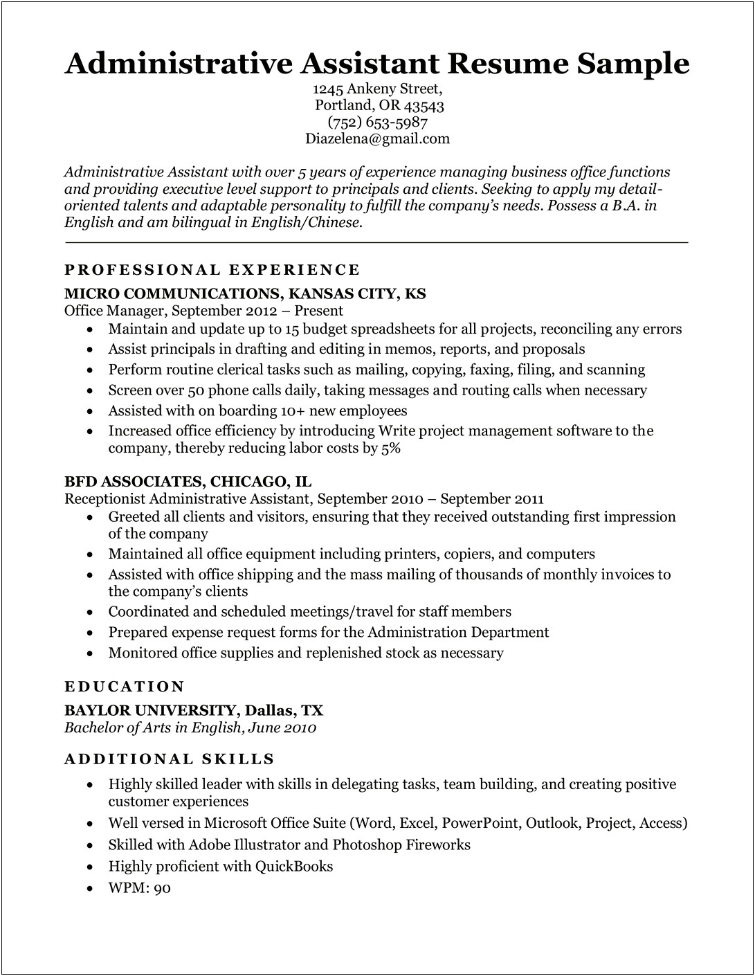 Resume Skills Profile Administrative Assistant