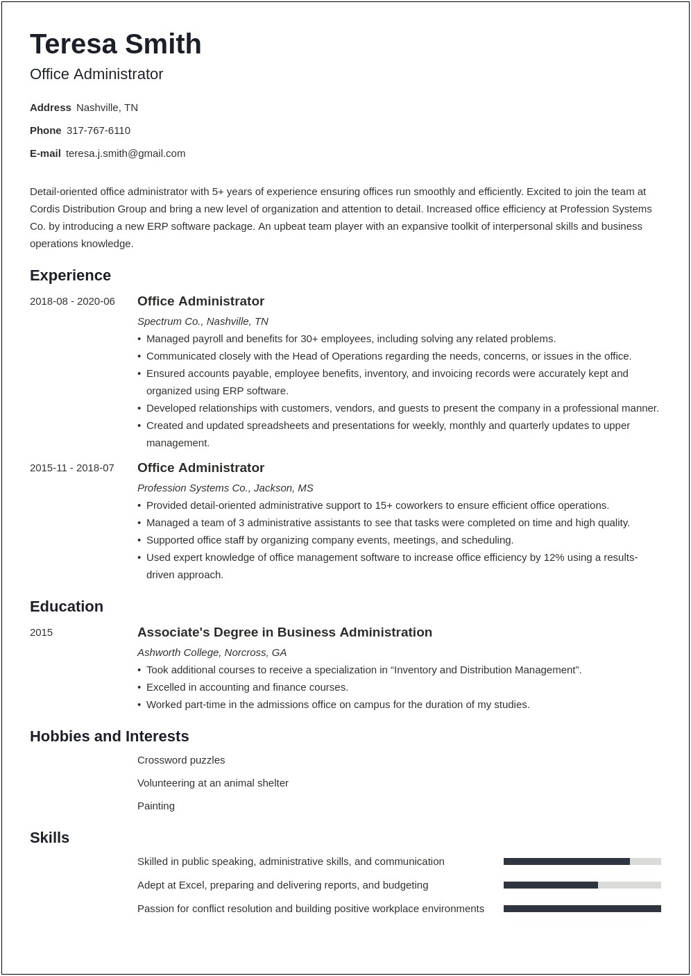 Resume Skills Profile Managerial Studies