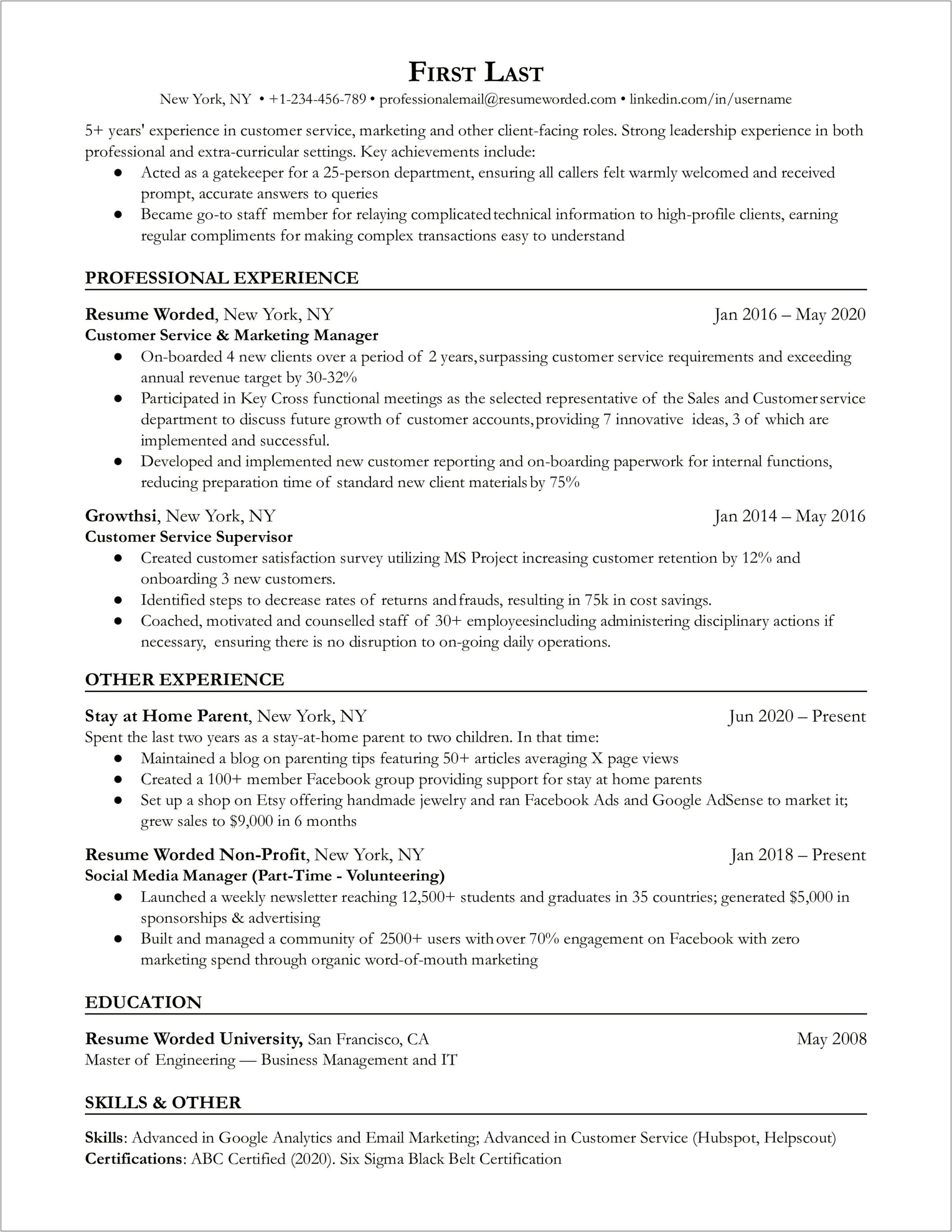 Resume Skills Set For Stay At Home Mom