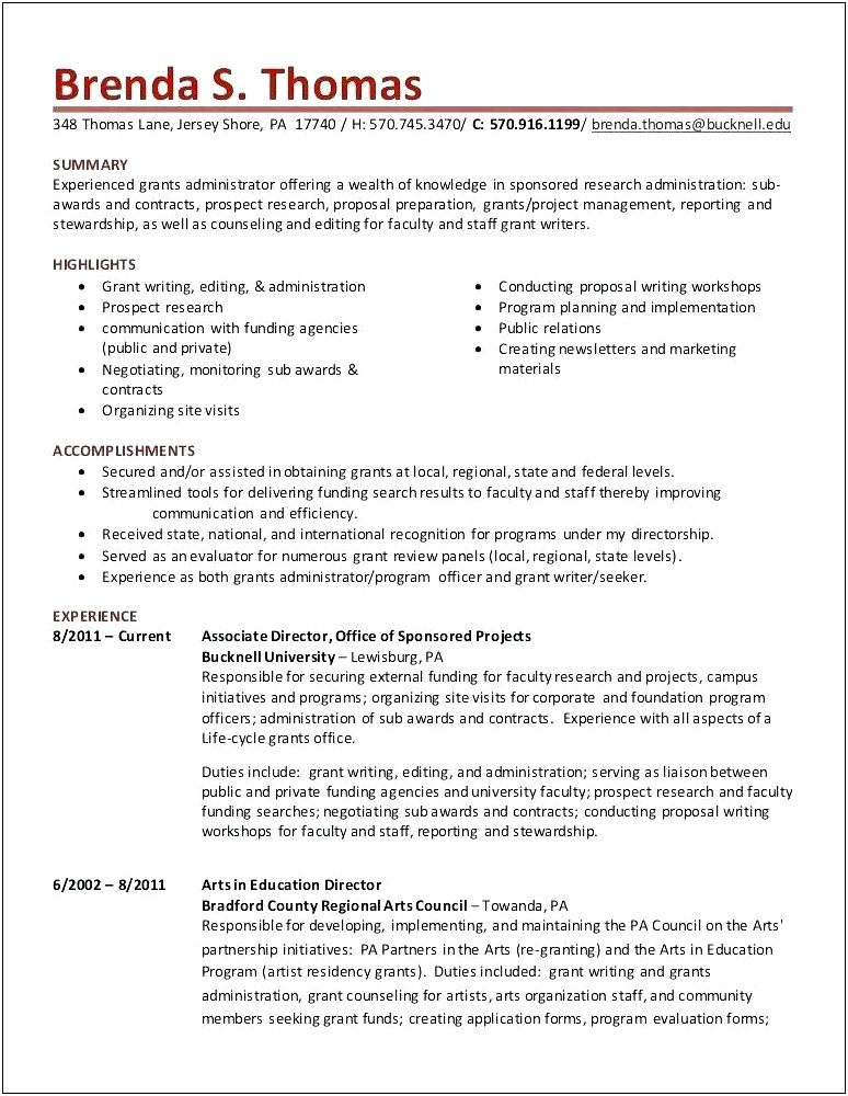 Resume Special Skills Grant Writing