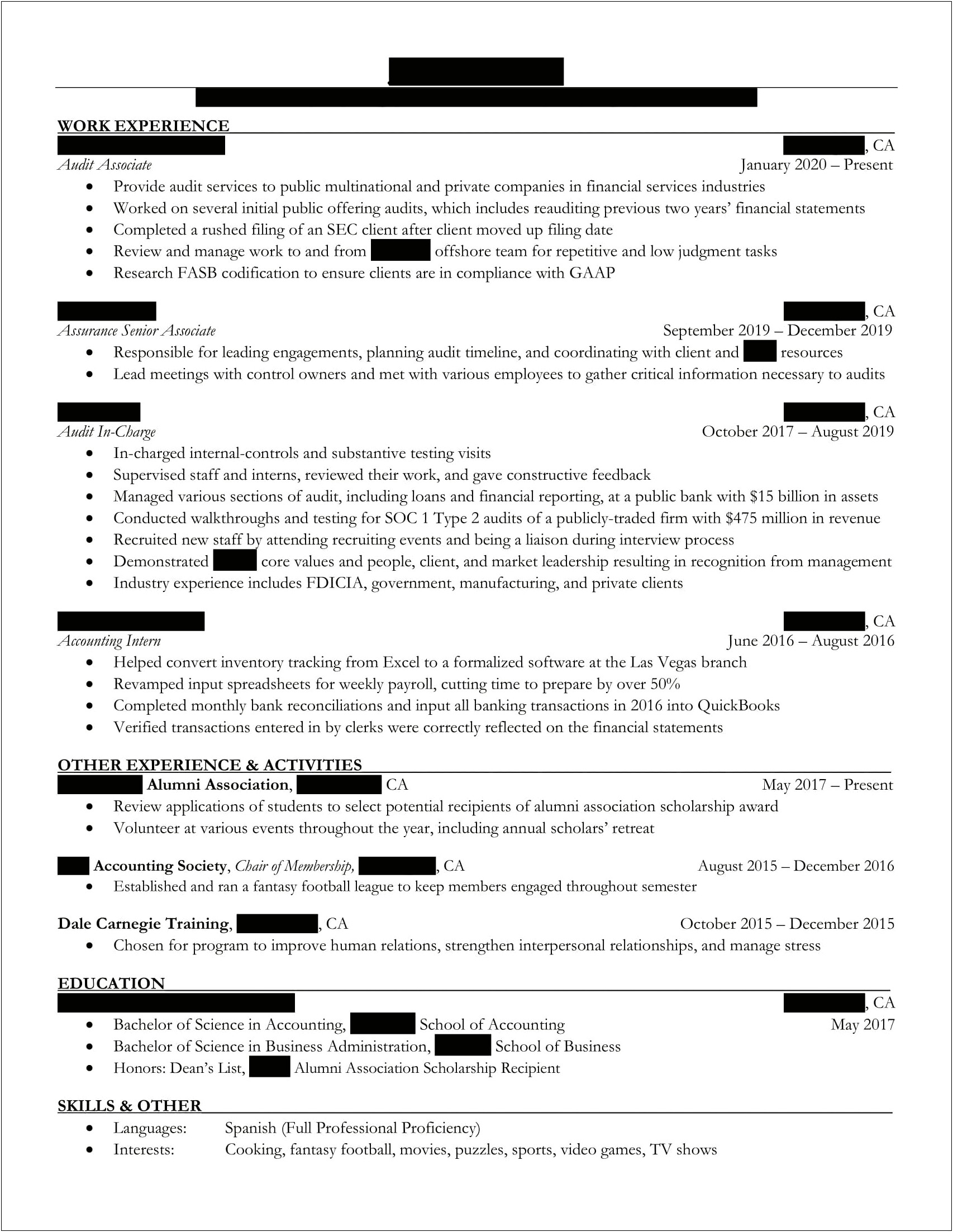Resume Started With Big Four Public Accounting Experience