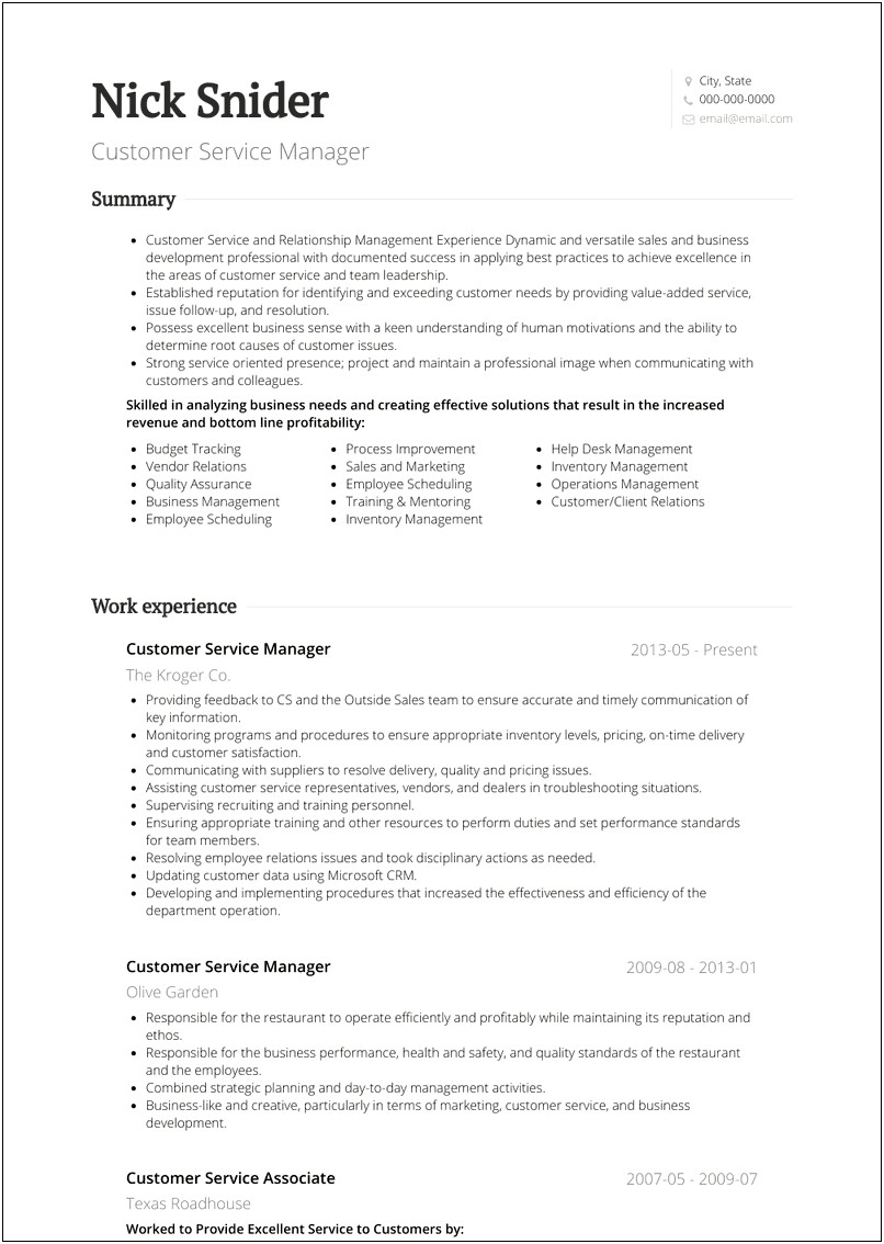 Resume Summary Customer Service Manager