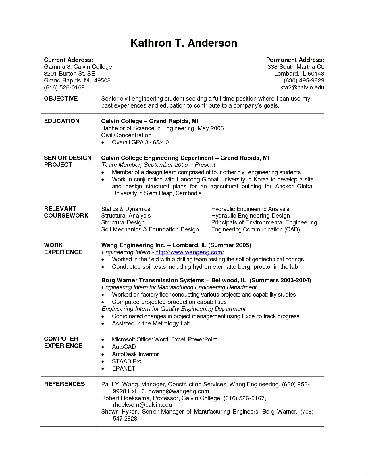 Resume Summary Engineer Student Example