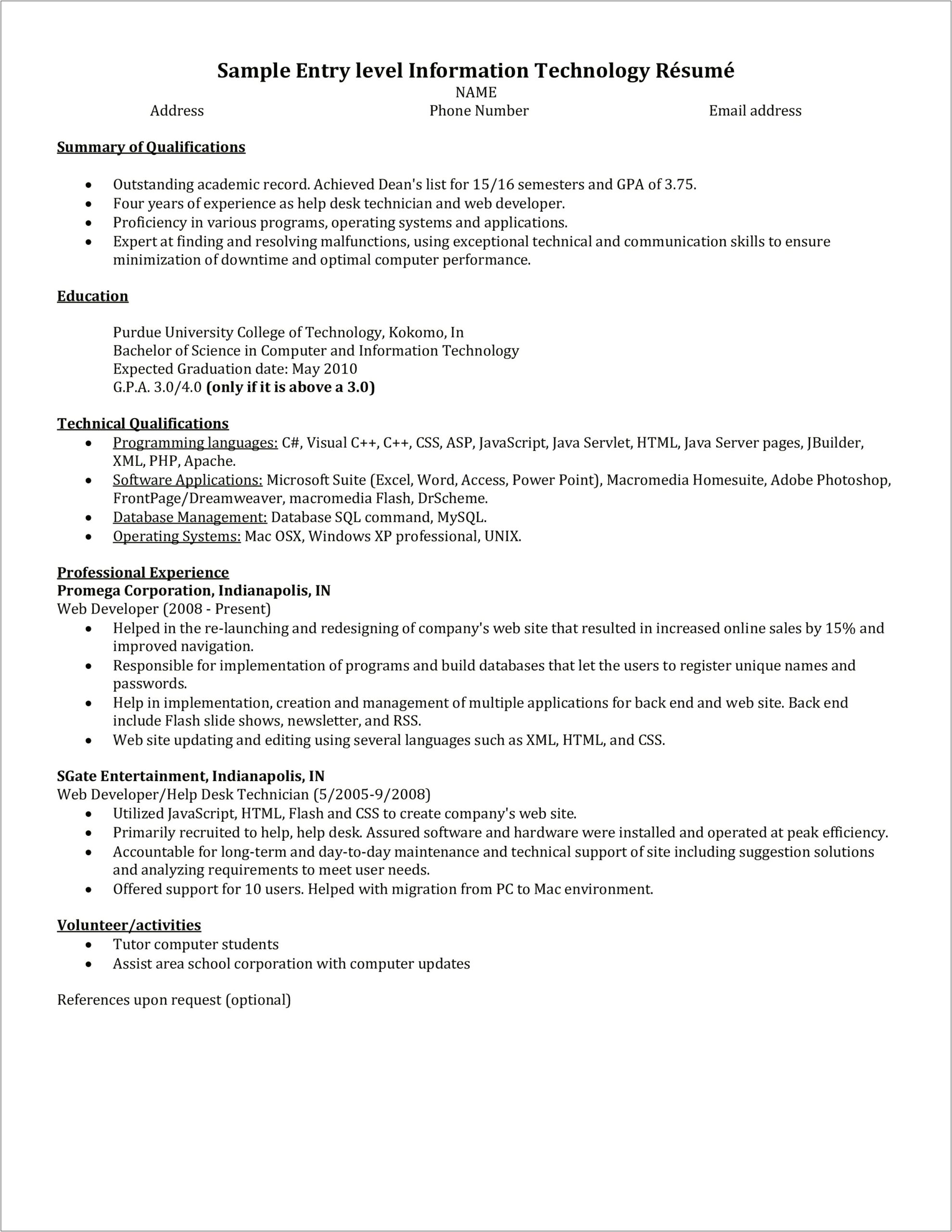 Resume Summary Entry Level Examples