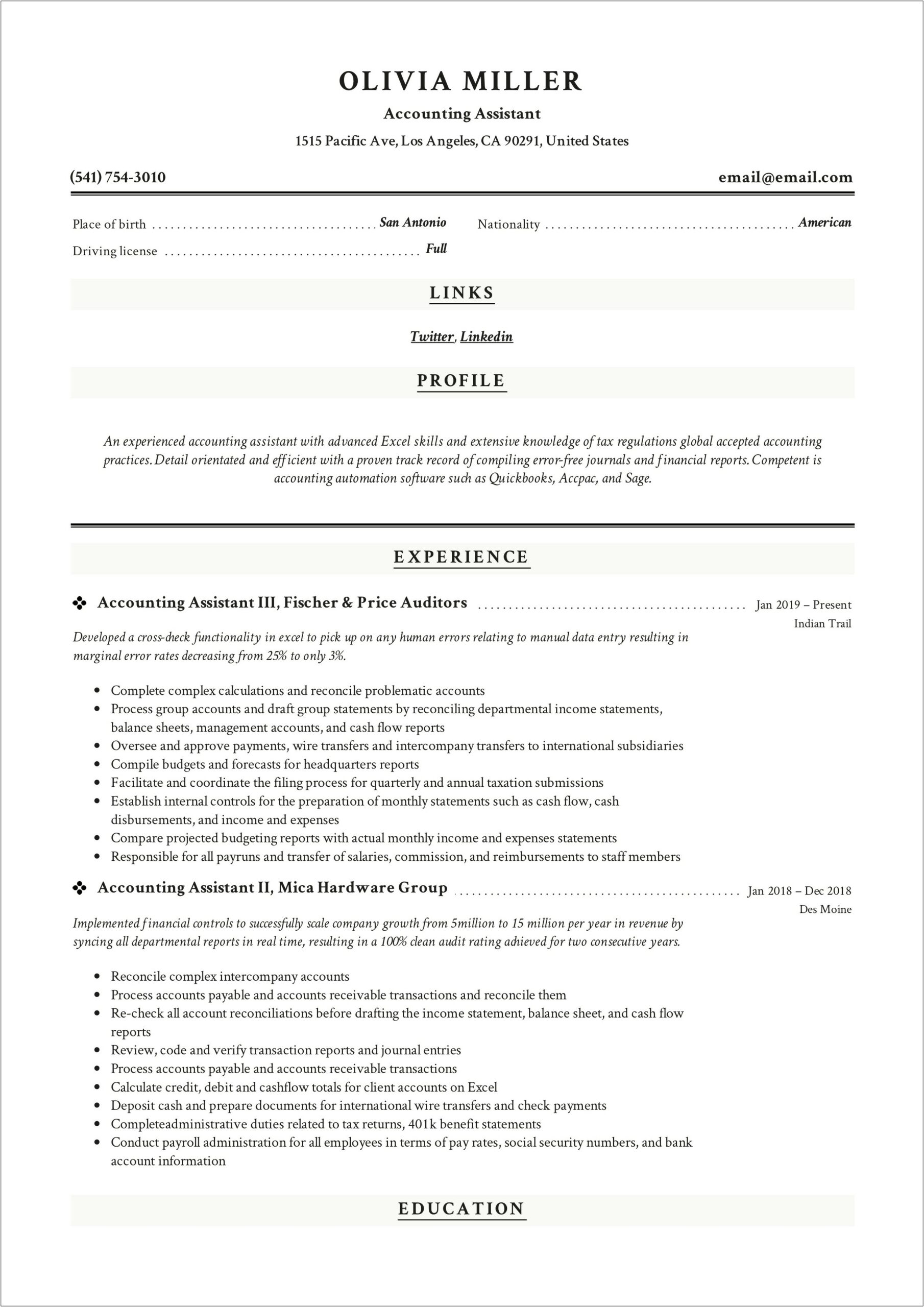 Resume Summary Example For Accountant