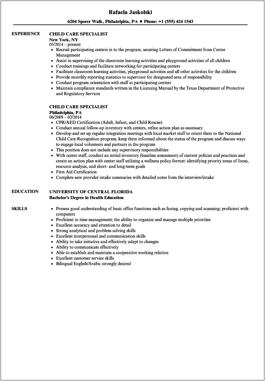 Resume Summary Example For Childcare