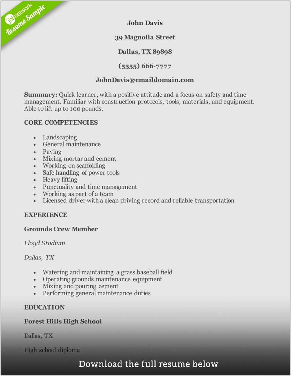 Resume Summary Example For Construction