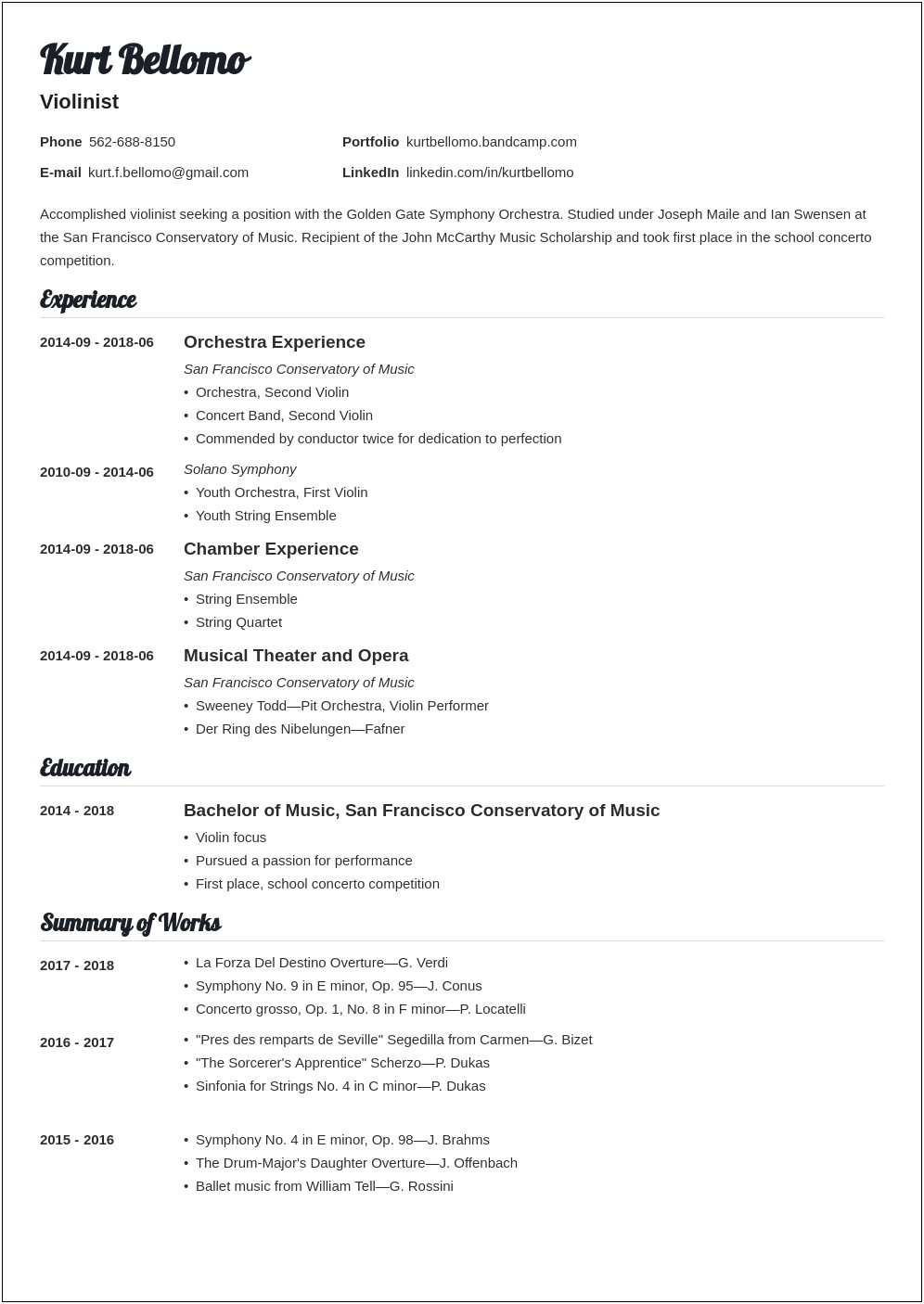 Resume Summary Example For Music Industry