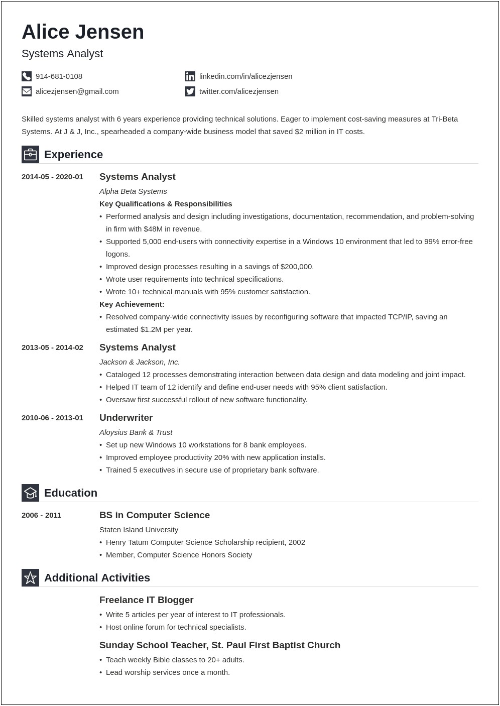 Resume Summary Examples Business Systems Analyst