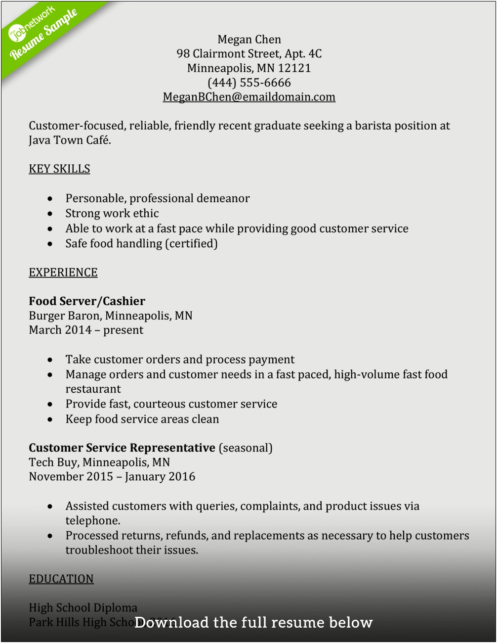 Resume Summary Examples Coffee Shop