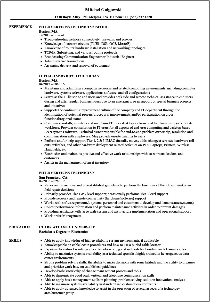 Resume Summary Examples Field Technician