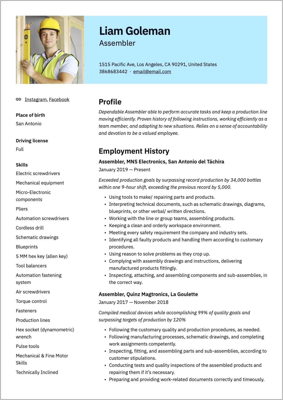 Resume Summary Examples For Assembly Worker