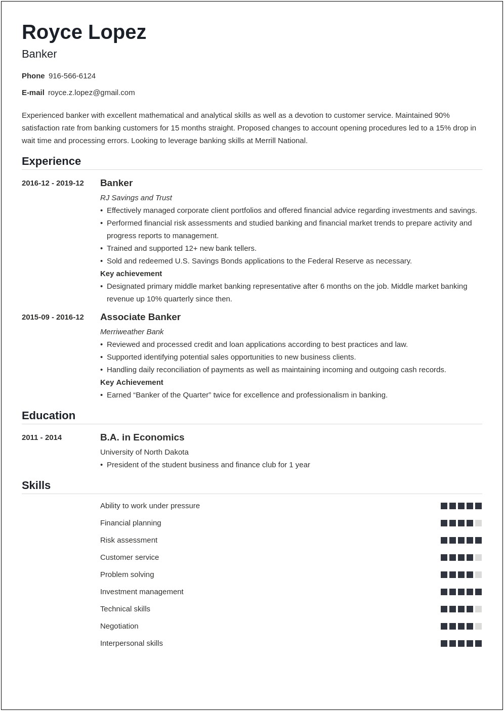 Resume Summary Examples For Bank Lending