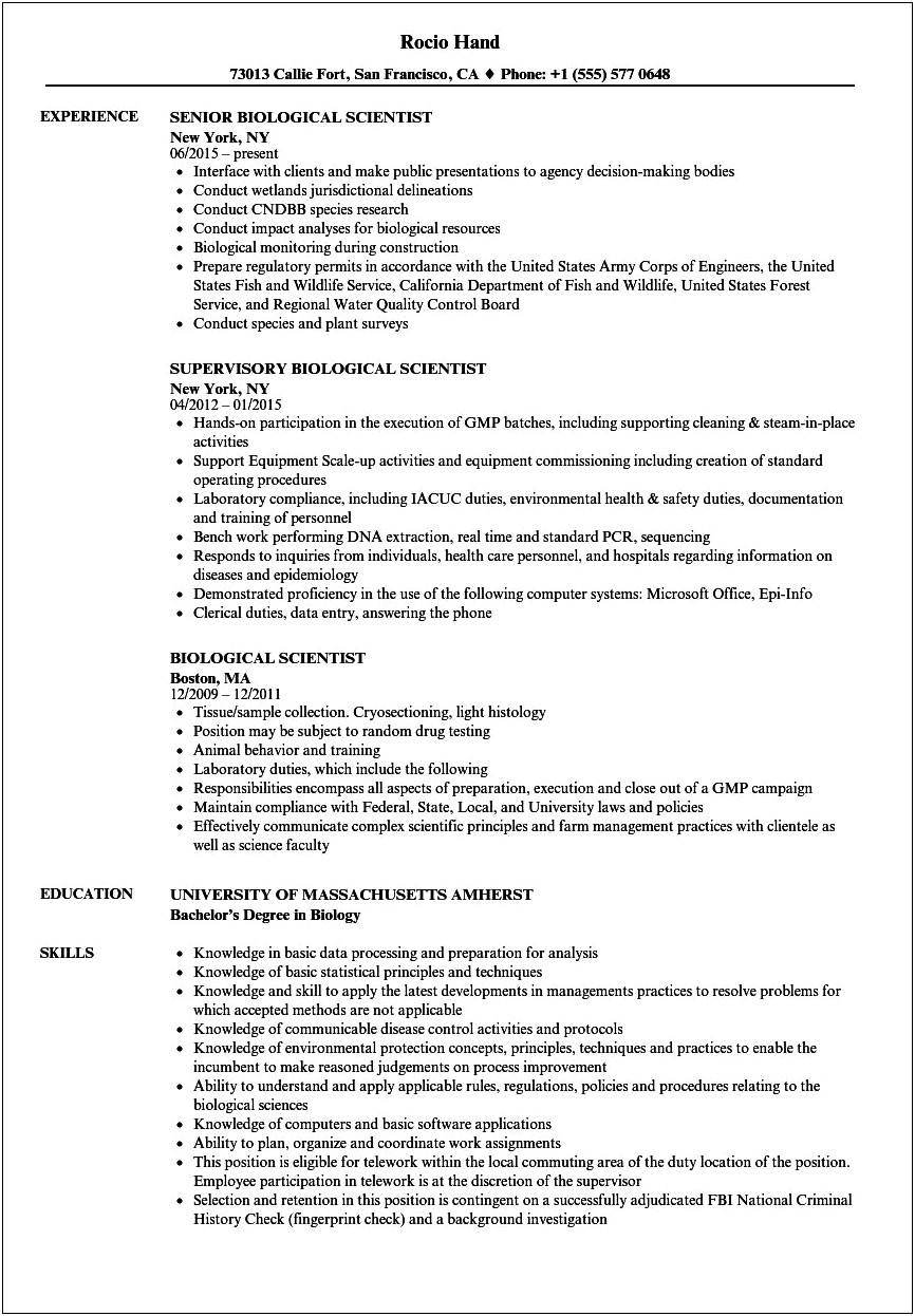 Resume Summary Examples For Biology Majors