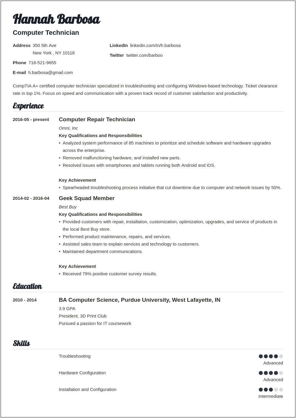 Resume Summary Examples For Computer Technicians