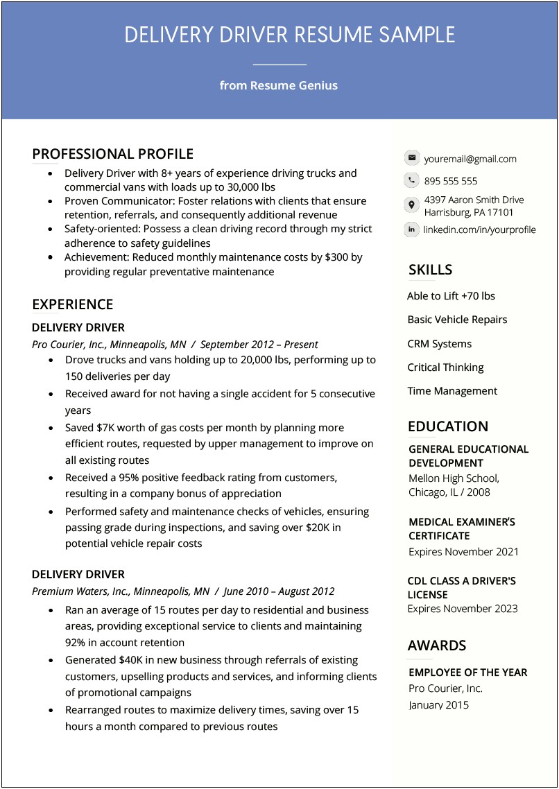 Resume Summary Examples For Drivers
