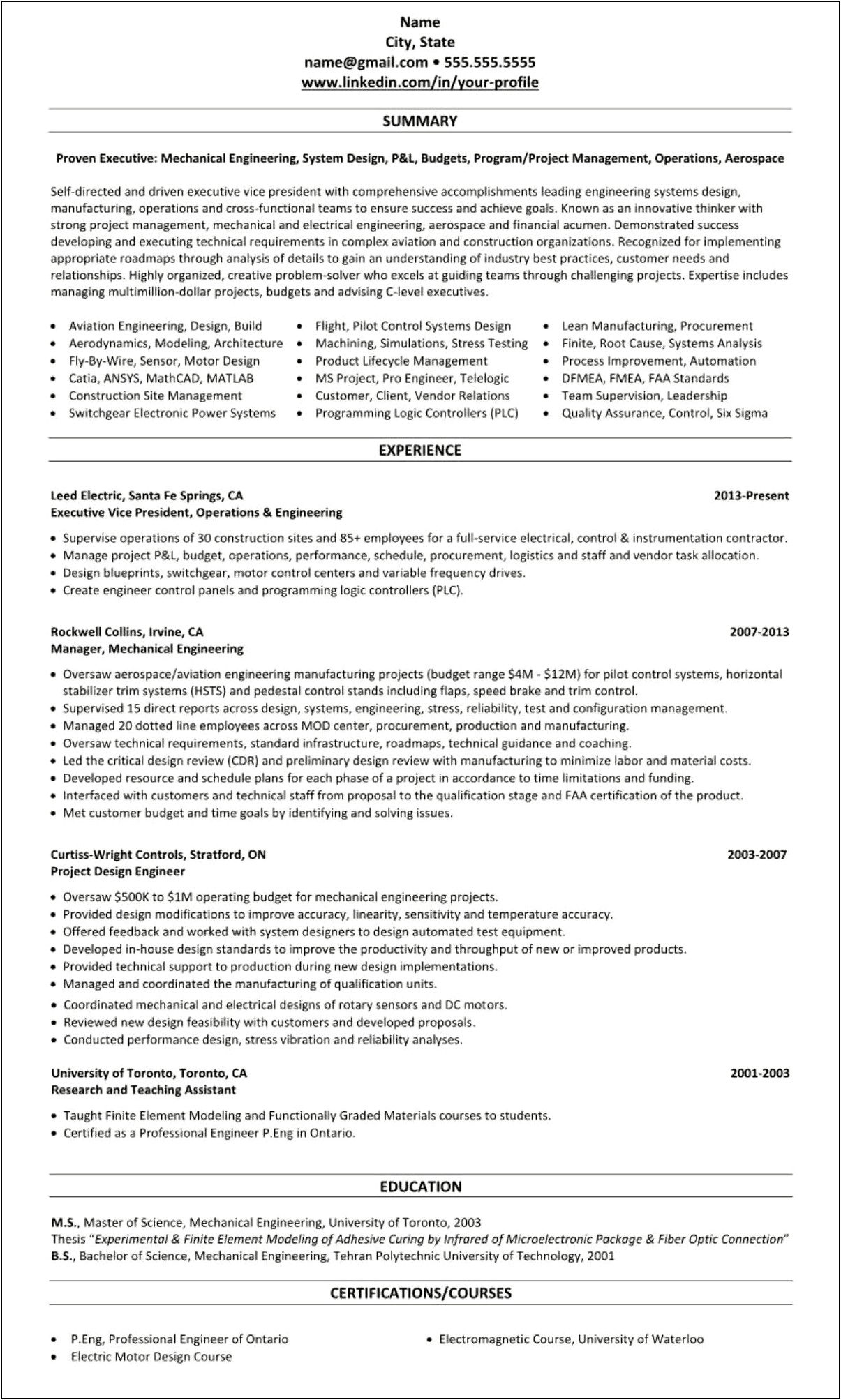 Resume Summary Examples For Engineer