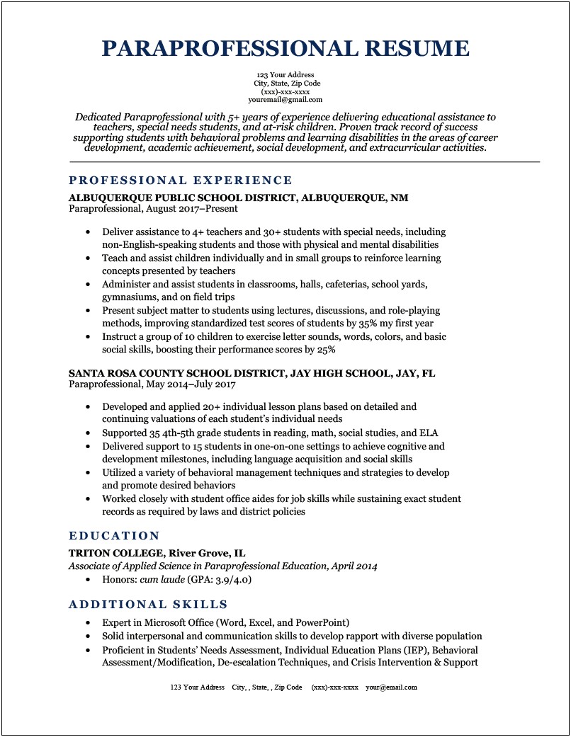 Resume Summary Examples For Entry Level Paraeducator