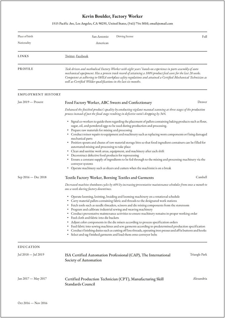 Resume Summary Examples For Factory