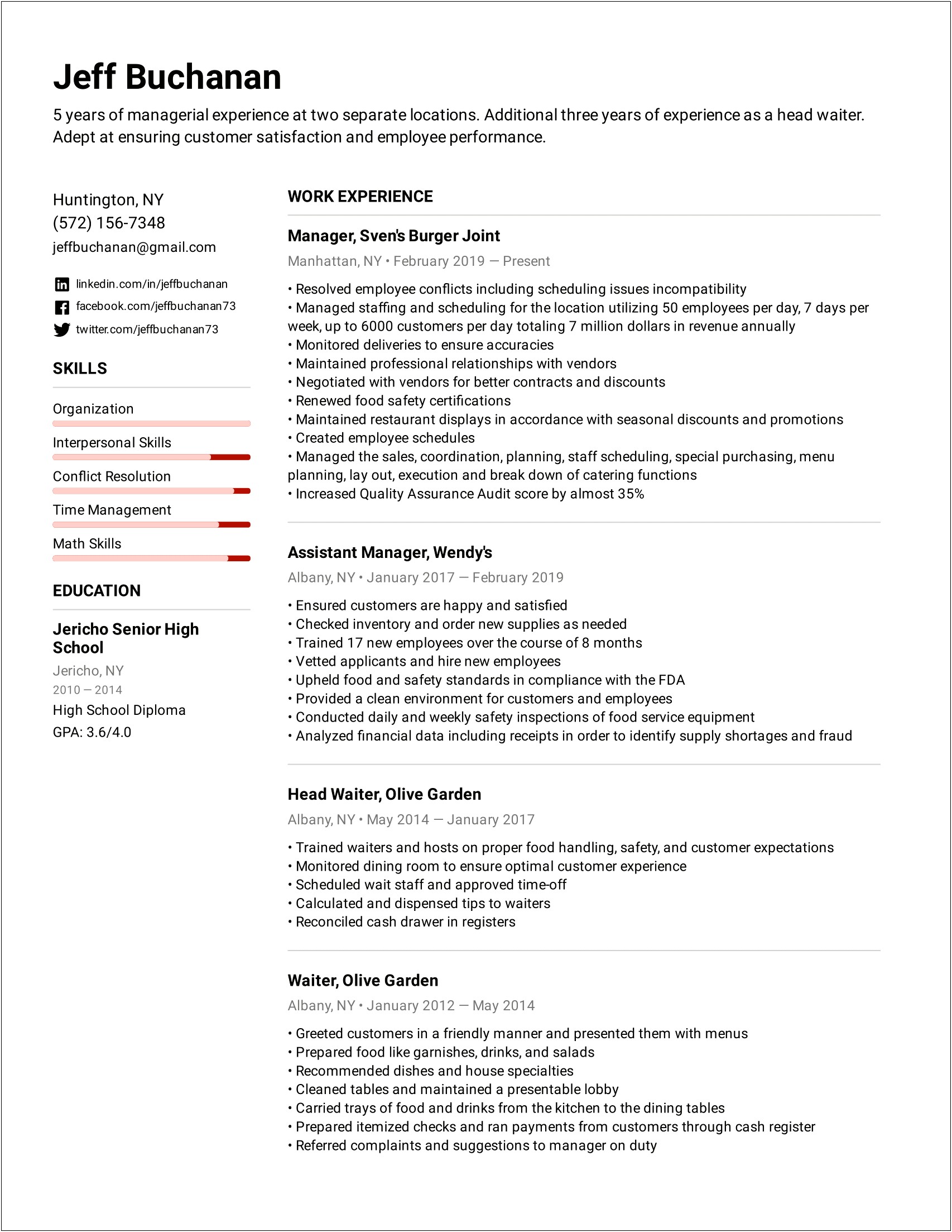 Resume Summary Examples For Food Service Host