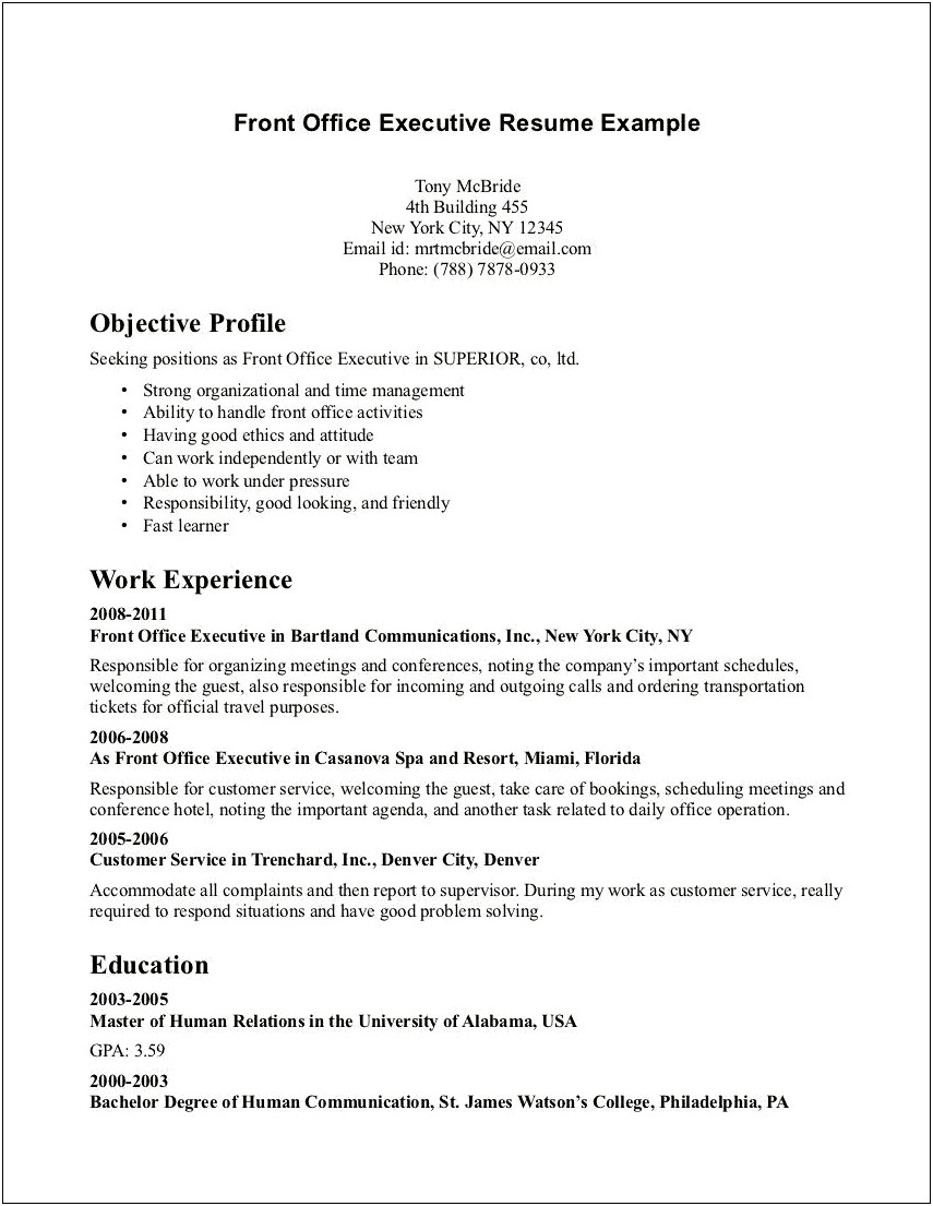 Resume Summary Examples For Front Office Manager