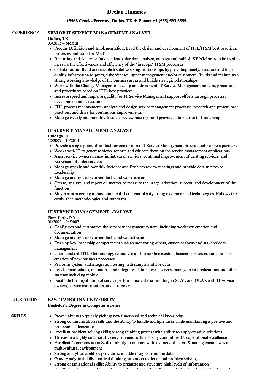 Resume Summary Examples For Itsm Administrator