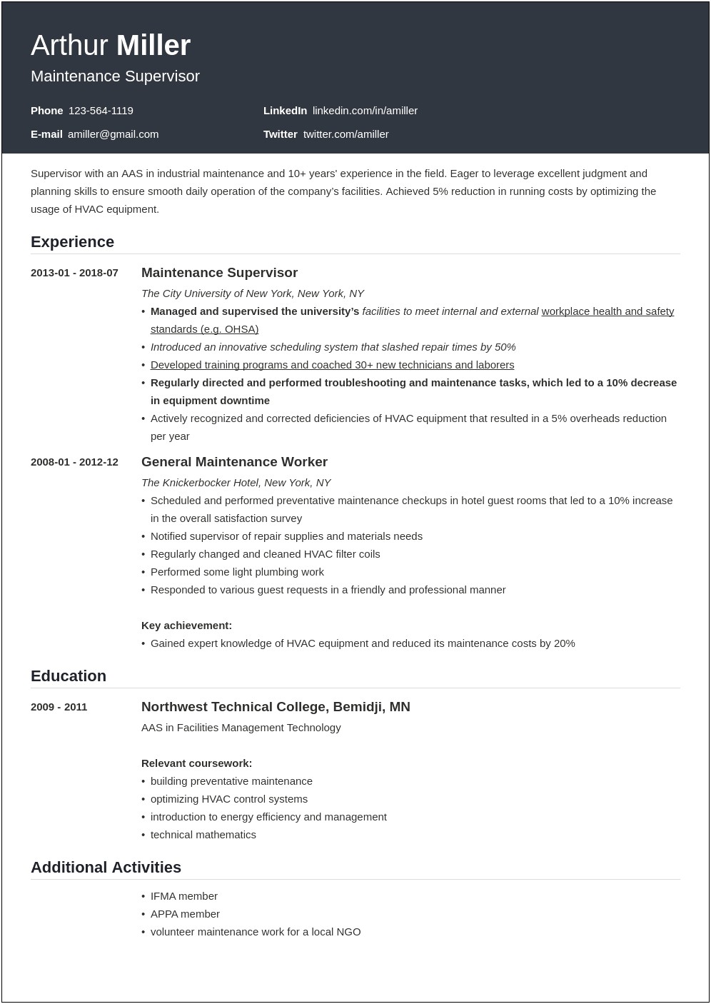 Resume Summary Examples For Maintenance Worker