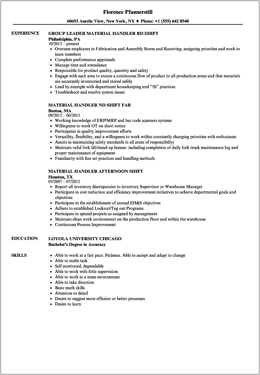 Resume Summary Examples For Material Handler