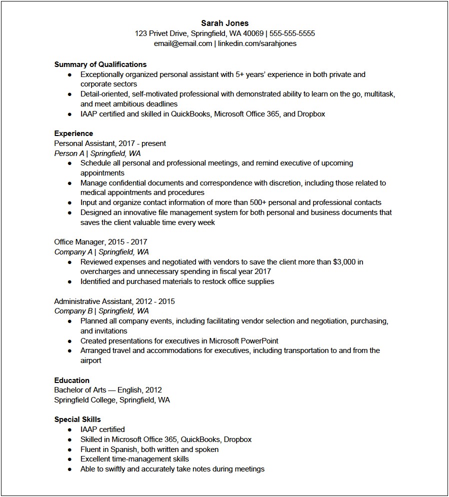 Resume Summary Examples For Personal Assistant
