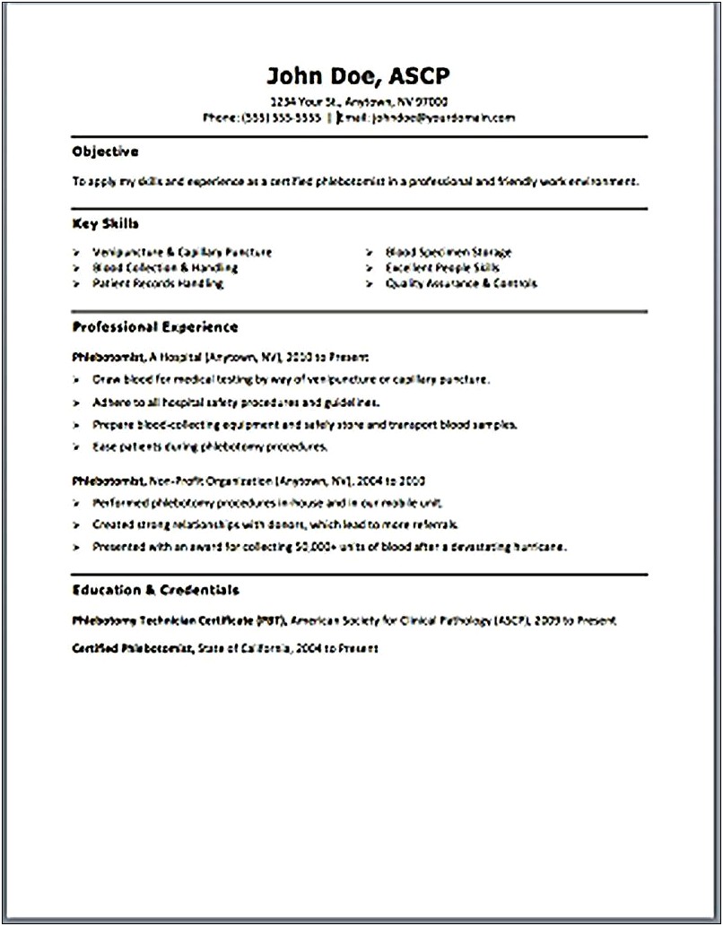 Resume Summary Examples For Phlebotomy
