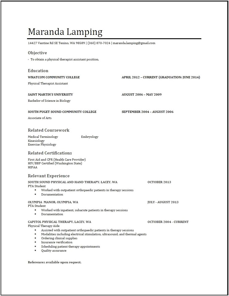 Resume Summary Examples For Physical Therapy Aide