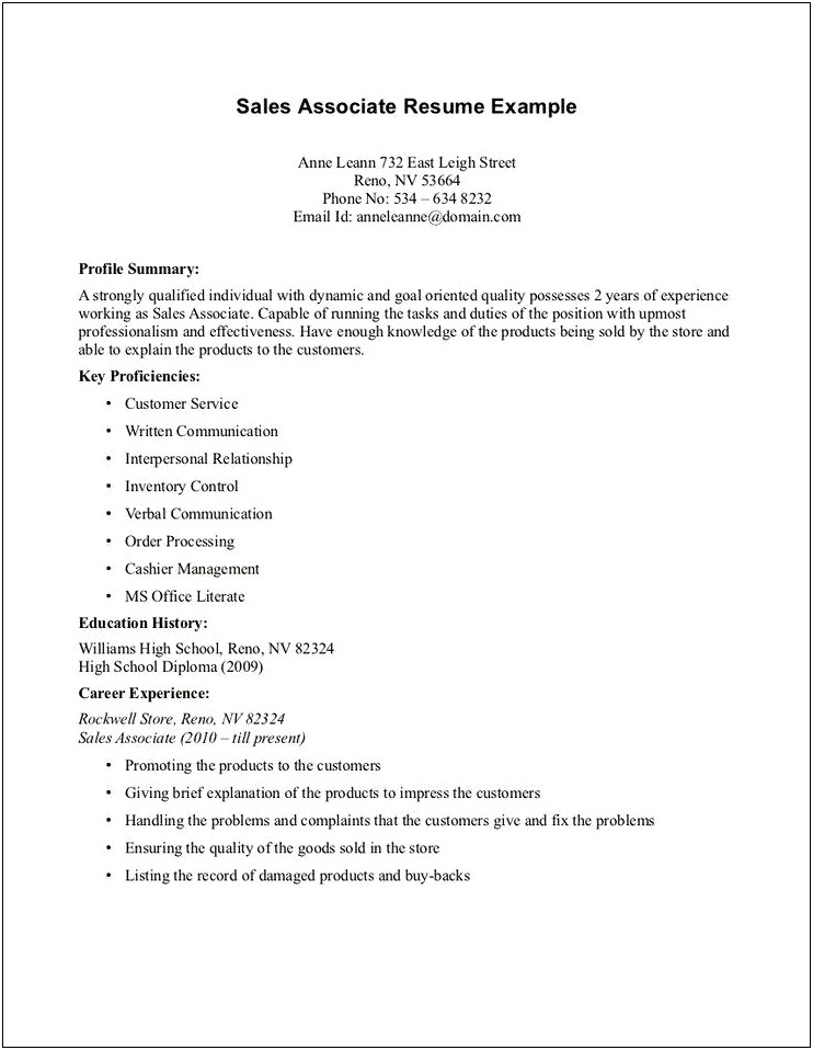 Resume Summary Examples For Retail High Schoolers